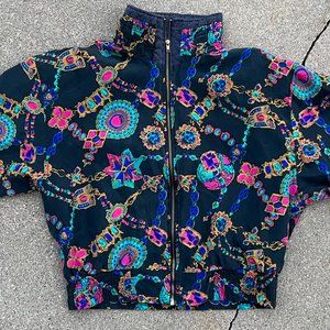 Vintage 90's Lavon Women's Jewel Pattern Silk Jacket Zip up Size Medium